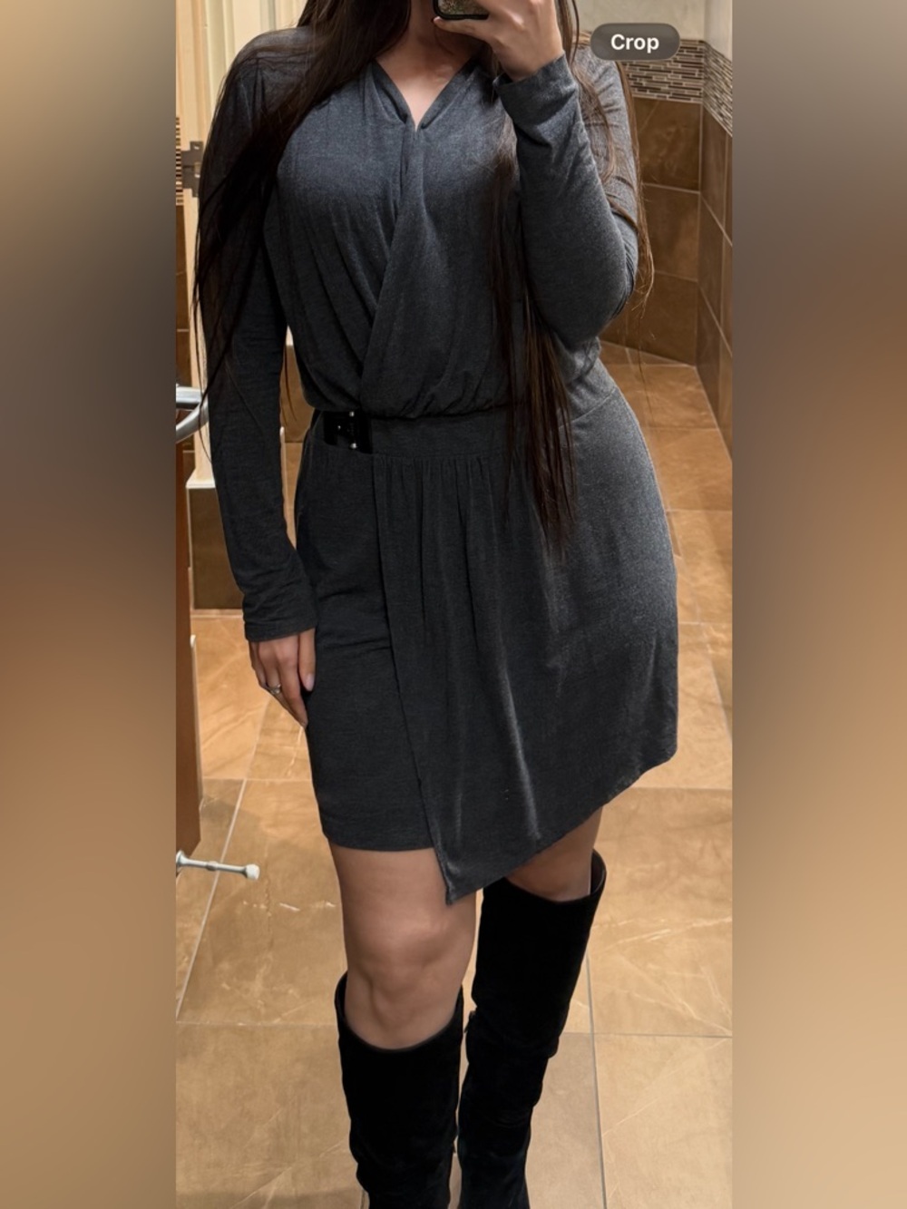 🩶WHBM DARK GREY FAUX WRAP DRESS WITH LEATHER DETAIL - size 8 🩶 SEE DESCRIPTION